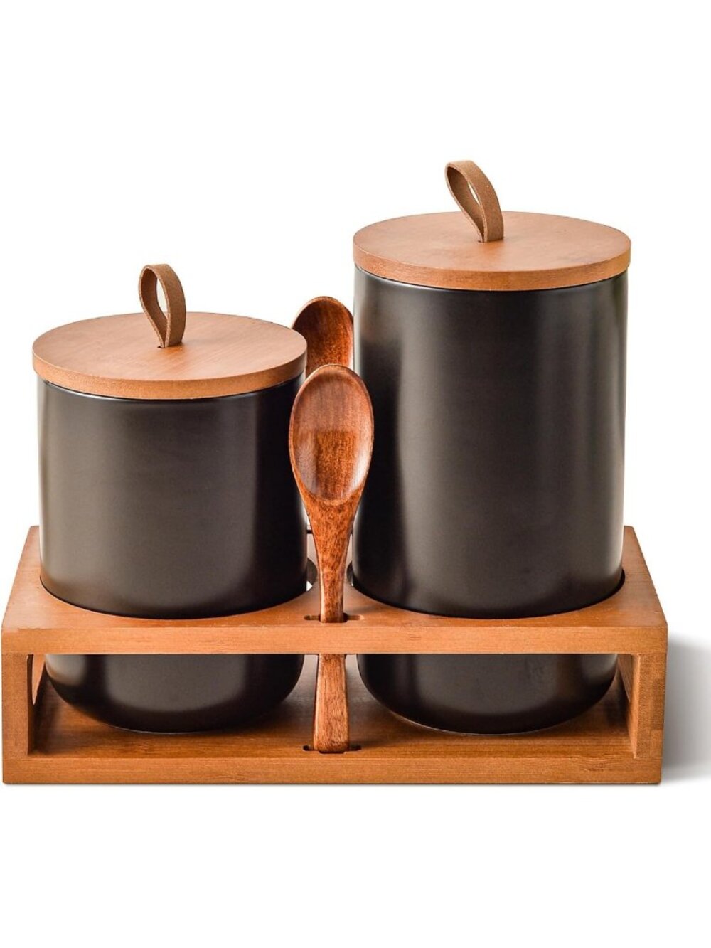 Stylish Black Ceramic Canister Set with Bamboo Lids & Wooden Stand - Airtight